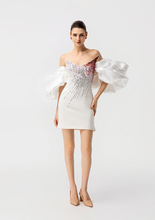 Couture Puff Sleeve Crystal Embellished Mini Dress