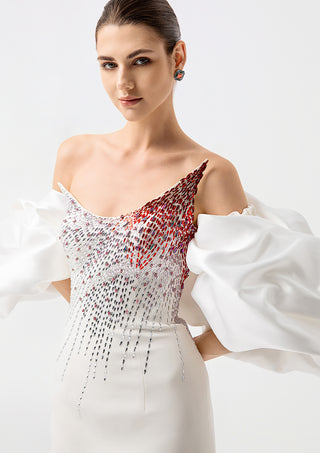 Couture Puff Sleeve Crystal Embellished Mini Dress