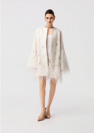 Women's Luxury White Feather Trim Cape Coat