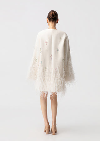 Women's Luxury White Feather Trim Cape Coat