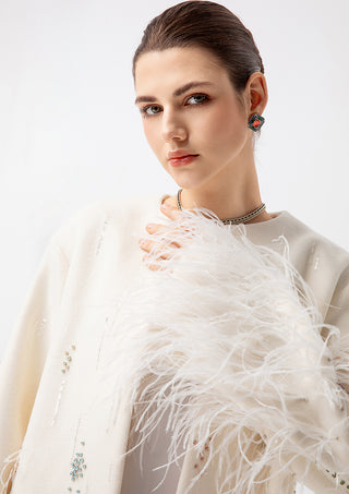 Women's Luxury White Feather Trim Cape Coat