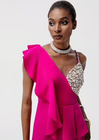 Luxury One-Shoulder Crystal Embellished Ruffle Wide-Leg Jumpsuit