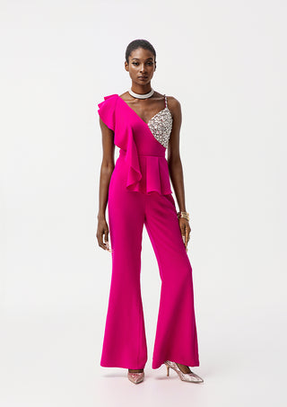 Luxury One-Shoulder Crystal Embellished Ruffle Wide-Leg Jumpsuit