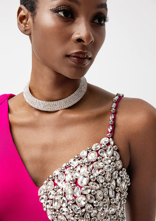 Luxury One-Shoulder Crystal Embellished Ruffle Wide-Leg Jumpsuit
