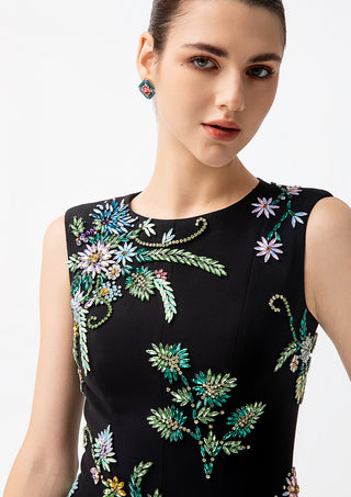 Women's Luxury Black Crystal Floral Mini Dress