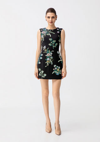 Women's Luxury Black Crystal Floral Mini Dress