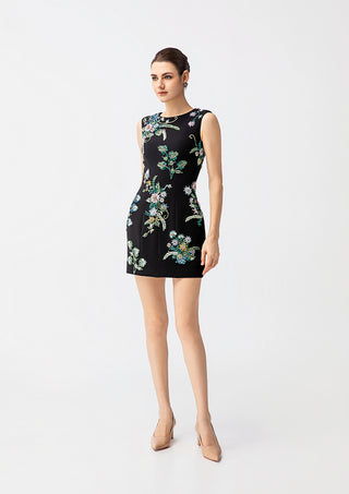 Women's Luxury Black Crystal Floral Mini Dress