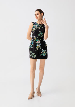 Women's Luxury Black Crystal Floral Mini Dress