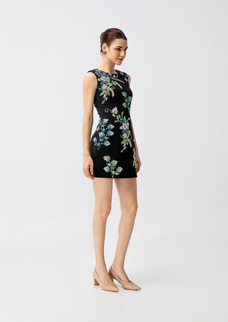 Women's Luxury Black Crystal Floral Mini Dress