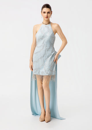 Light Blue Halter Beaded High‑Low Cocktail Dress