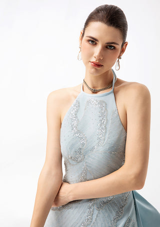 Light Blue Halter Beaded High‑Low Cocktail Dress