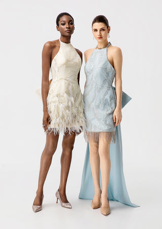 Light Blue Halter Beaded High‑Low Cocktail Dress