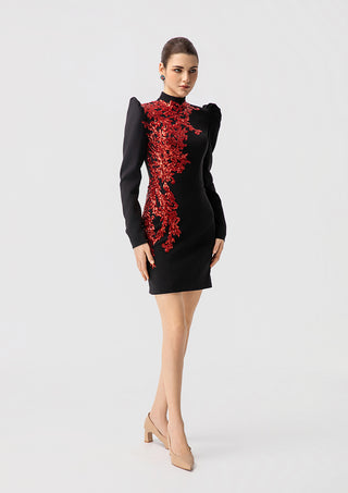 Black High Neck Sequin Embellished Mini Dress