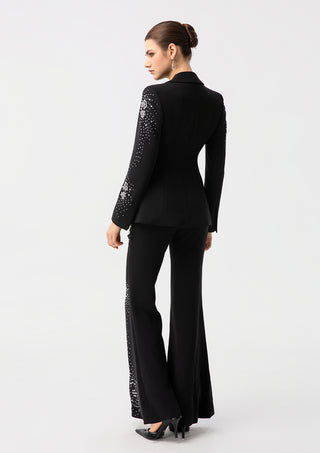 Luxury Black Crystal Embellished Blazer & Flared Pants Set