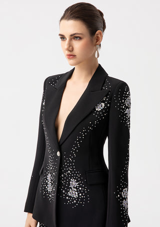 Luxury Black Crystal Embellished Blazer & Flared Pants Set