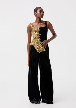 Black & Gold Metallic Embellished Top and Wide-Leg Pants Set