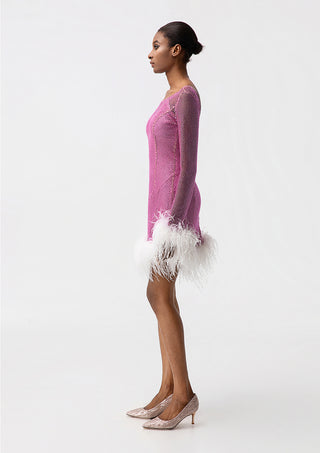 Pink Rhinestone Mini Dress with Feather Trim