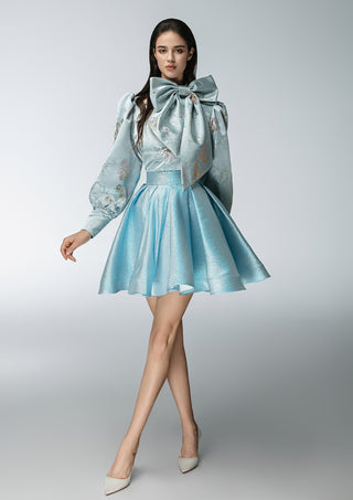 Powder Blue Floral Jacquard Bow Mini Dress
