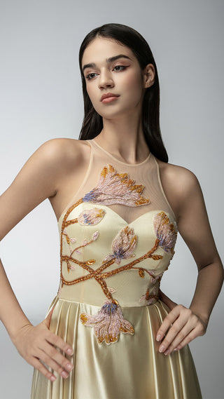 Hand Beaded Evening Dress with Floral Embellishments