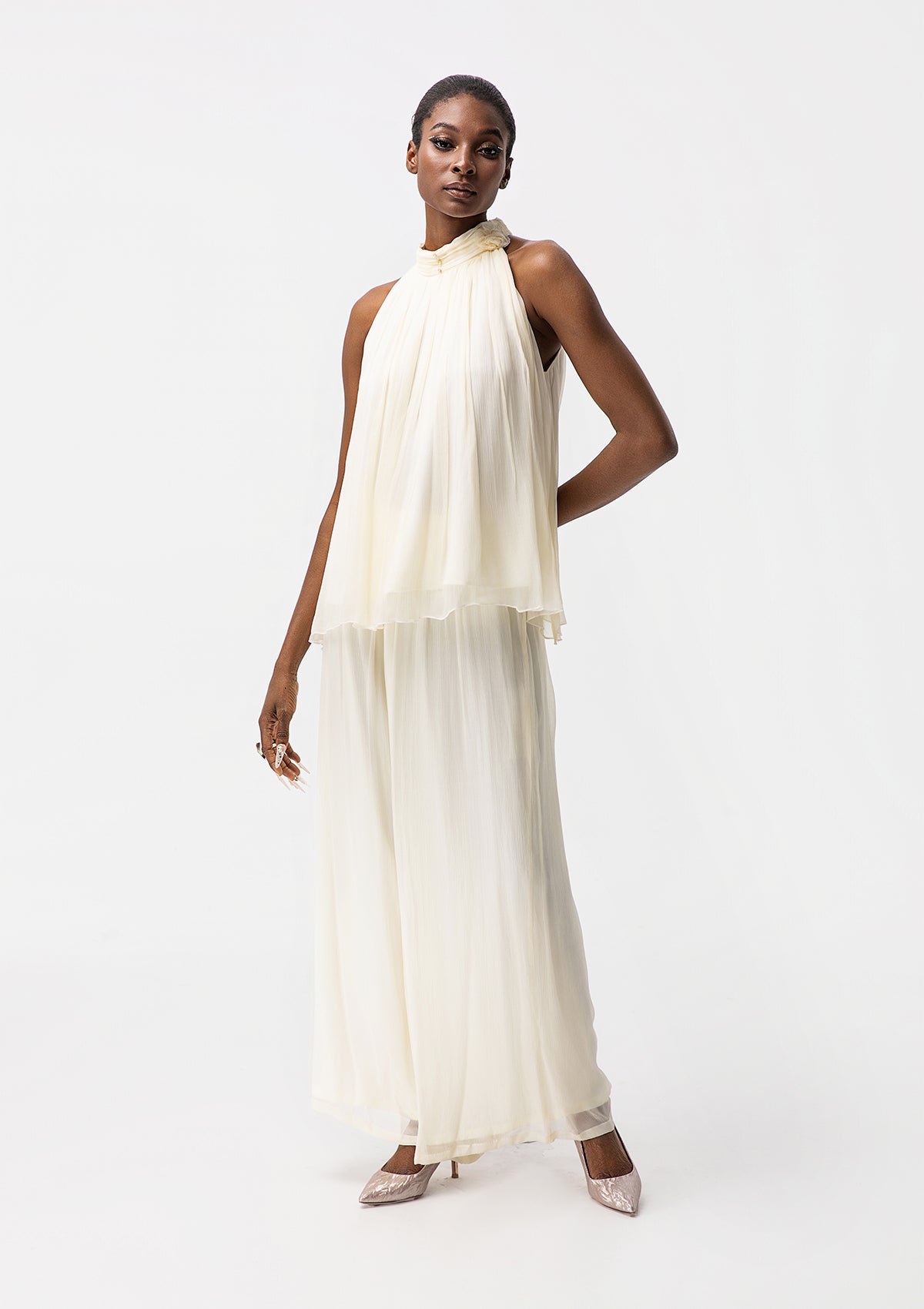 ivory dress wedding guest Silk Two Piece Outfit Size:Us 2 Sawobuun Womens Halter Neck This element adds lightness Flowing Ribbons